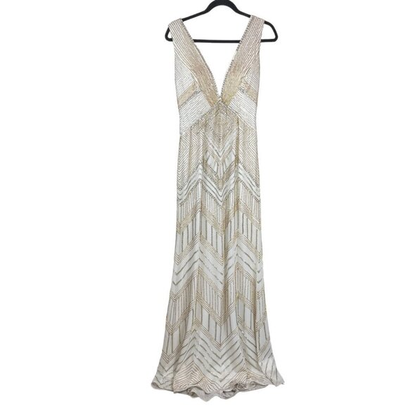 Jovani Beaded Sequins Plunging Neck Long Evening Prom Dress Ivory Size 6 - Picture 1 of 13